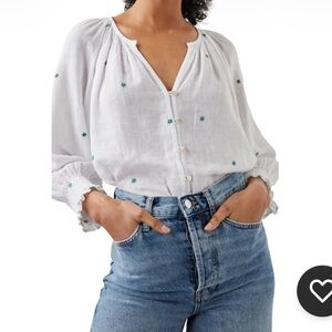 Rails Mariah Green Daisy Embroidered Linen Blend Blouse S Cottagecore Coastal